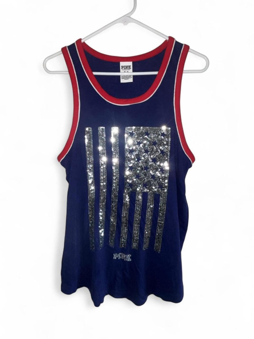 PINK Victoria's Secret Navy Glitter Flag Tank Top - Red Trim